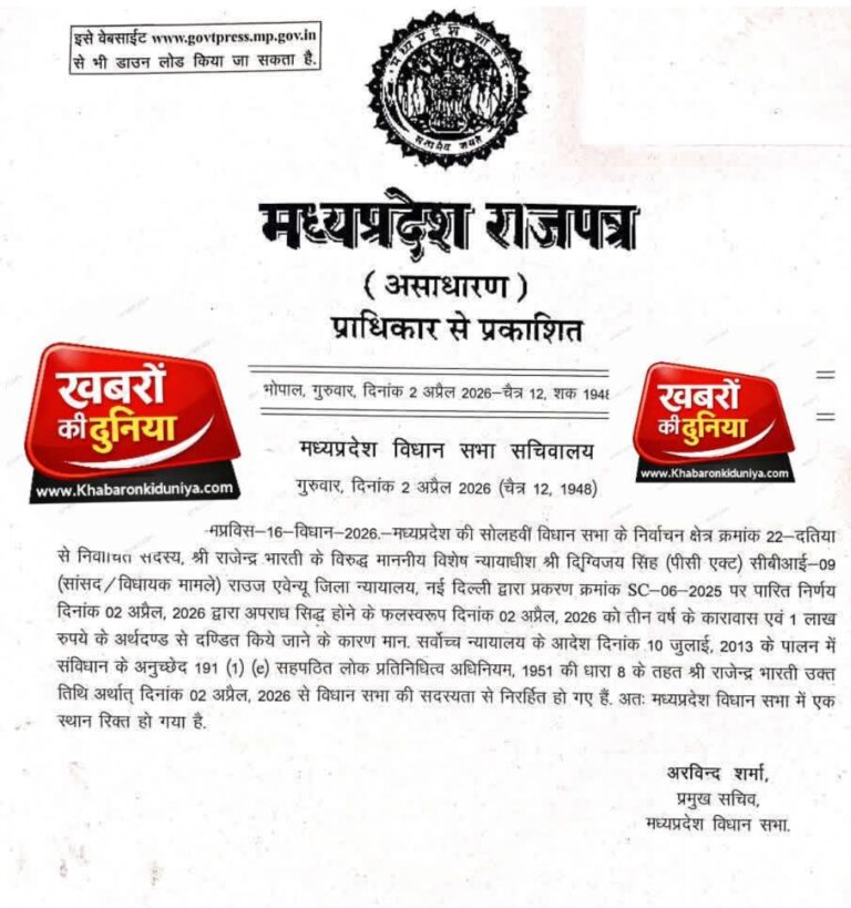 एमपी:विधान सभा निर्वाचन क्षेत्र क्रमांक 22-दतिया रिक्त घोषित,होंगे उपचुनाव!